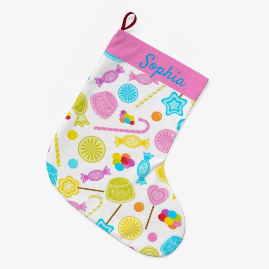甘モダンいキャンディパターンかわいい名前をカスタムする ラージクリスマスストッキング (正面 (吊り時))