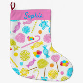 甘モダンいキャンディパターンかわいい名前をカスタムする ラージクリスマスストッキング (正面)
