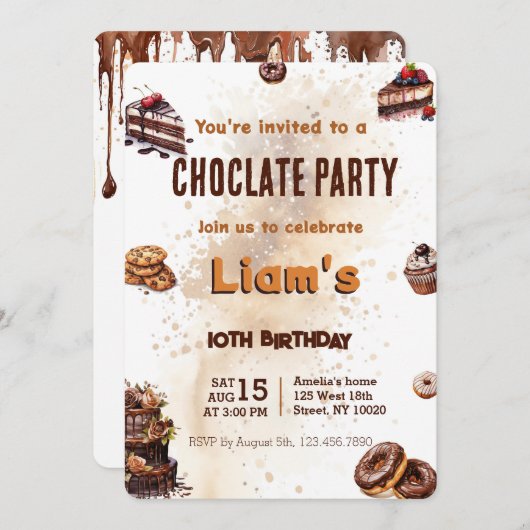 甘モダンいチョコレートケーキ誕生日パーティー 招待状 (正面/裏面)