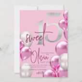 甘モダンい15ピンクシルバーバルーン誕生日 招待状 (正面)