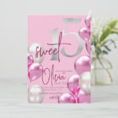 甘モダンい15ピンクシルバーバルーン誕生日 招待状 (スタンド正面)