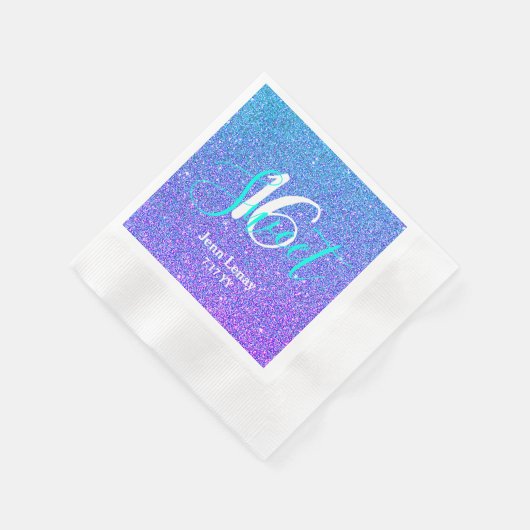 甘モダンい16ティール（緑がかった色）パープルグリッターパーソナライズされた 縁ありカクテルナプキン (角)