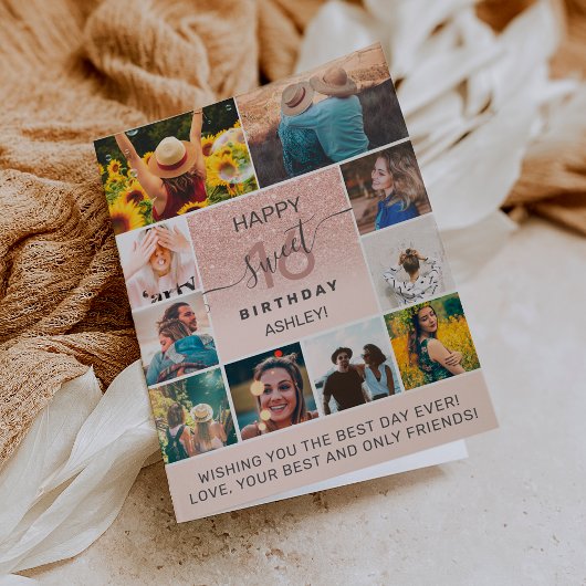甘モダンい16ピンクの誕生日11フォトコラージュ カード