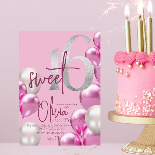 甘モダンい16ピンクシルバーバルーン誕生日 招待状