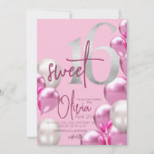 甘モダンい16ピンクシルバーバルーン誕生日 招待状 (正面)