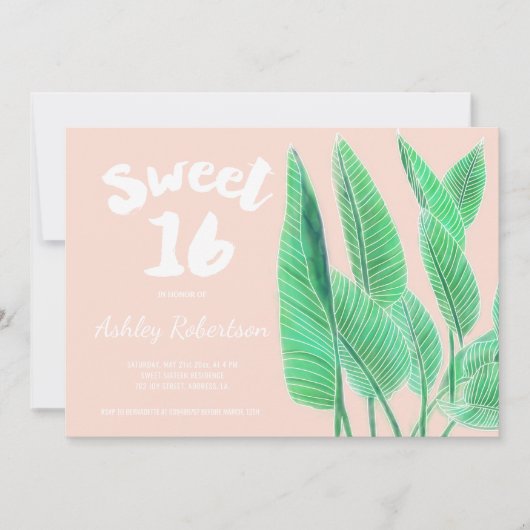 甘モダンい16水色の熱帯リーフピンク 招待状 (正面)