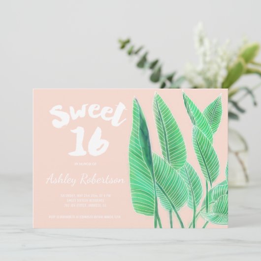 甘モダンい16水色の熱帯リーフピンク 招待状 (スタンド正面)