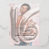 甘モダンい16緑豊かなピンクの金ゴールドフォト誕生日 箔招待状 (正面)