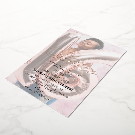 甘モダンい16緑豊かなピンクの金ゴールドフォト誕生日 箔招待状 (回転した状態)