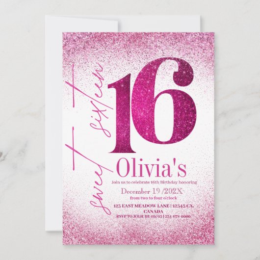 甘モダンい16誕生日パーティーピンクグリッター 招待状 (正面)