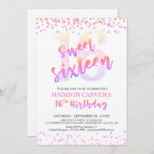 甘モダンい16誕生日ピンクパープルグリッター 招待状 (正面/裏面)