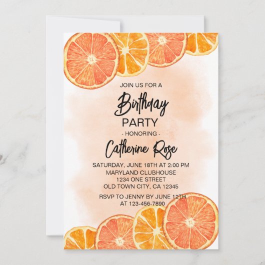 甘モダンオレンジシトラススライス夏誕生日 招待状 (正面)