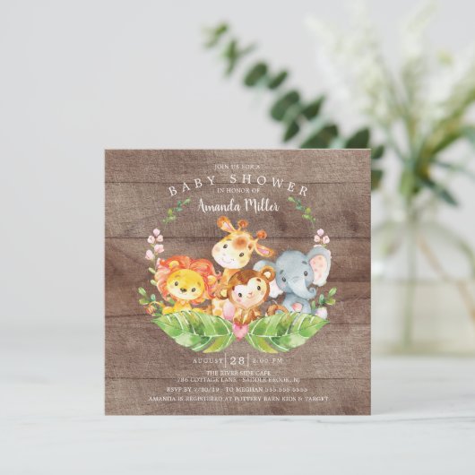 甘素朴いジャングルサファリ動物ベビーシャワー 招待状 (スタンド正面)