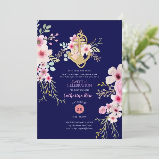 甘航海のい16招待状ネイビーブルーピンクフラワー 招待状 (スタンド正面)