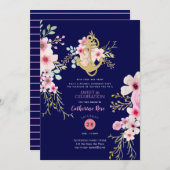 甘航海のい16招待状ネイビーブルーピンクフラワー 招待状 (正面/裏面)