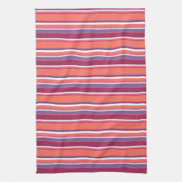 生きたサンゴ、赤と紫のストライプ キッチンタオル