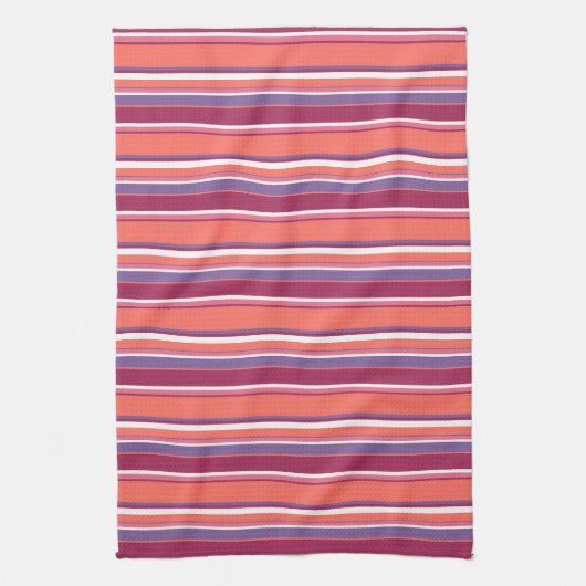 生きたサンゴ、赤と紫のストライプ キッチンタオル (縦)