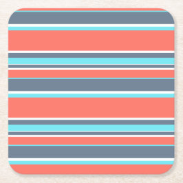 生きたサンゴ、青と灰色のストライプ スクエアペーパーコースター