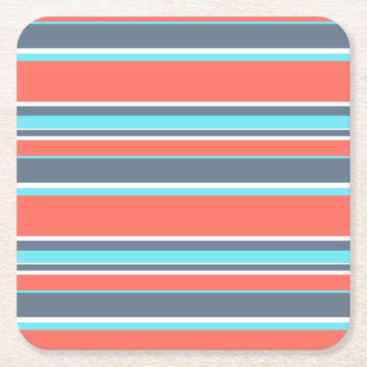 生きたサンゴ、青と灰色のストライプ スクエアペーパーコースター (正面)