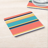 生きたサンゴ、青と黄色のストライプ スクエアペーパーコースター (アングル)