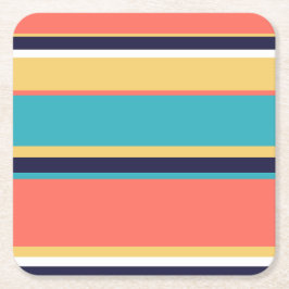 生きたサンゴ、青と黄色のストライプ スクエアペーパーコースター