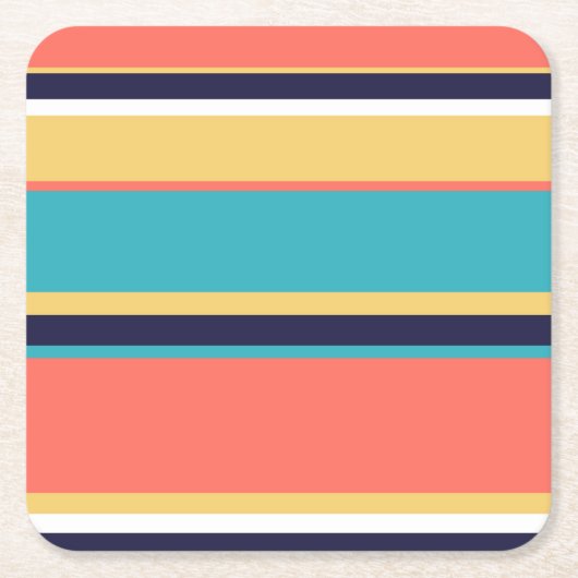 生きたサンゴ、青と黄色のストライプ スクエアペーパーコースター (正面)