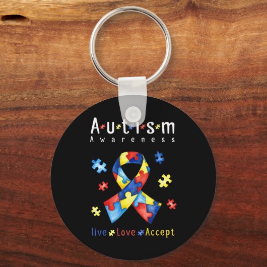 生きる、愛する、受け入れる、自閉症意識、自閉症おもしろい症 キーホルダー (正面)