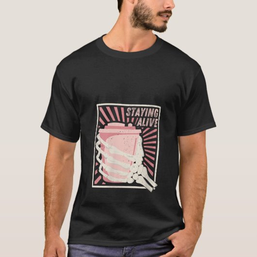 生き残る女性スケルトン手コーヒーを飲む Tシャツ (正面)
