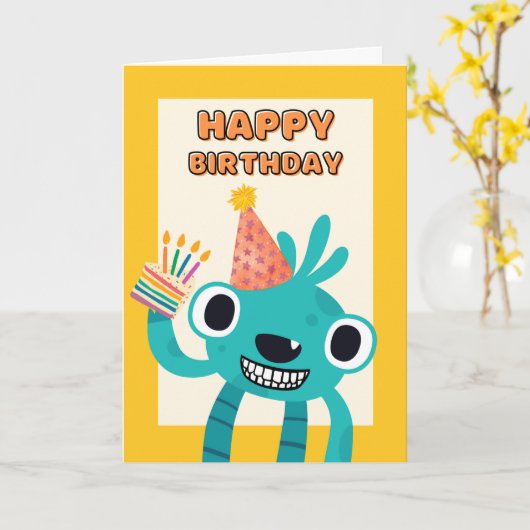 生き物を持つ子供のための可愛い第四誕生日 カード (黄色い花)