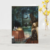 生き生きとしたハロウィーンの魔女 カード (黄色い花)