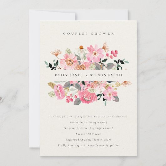 生き生きとしたピンクウォーターカラーフローラカップルシャワー招待状 サンキューカード (正面)