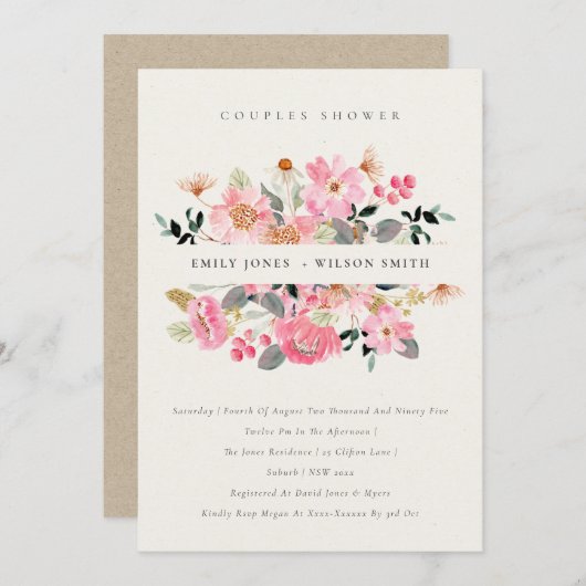 生き生きとしたピンクウォーターカラーフローラカップルシャワー招待状 サンキューカード (正面/裏面)