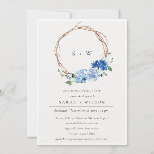 生き生きとしたブルーフローラリースカップルシャワー招待状 サンキューカード (正面)