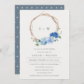 生き生きとしたブルーフローラリースカップルシャワー招待状 サンキューカード (正面/裏面)