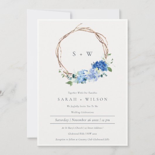 生き生きとしたブルーフローラリースモノグラムウェディング招待 サンキューカード (正面)