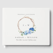 生き生きとしたブルーフローラ木製リース結婚ズモノグラム ゲストブック (正面)