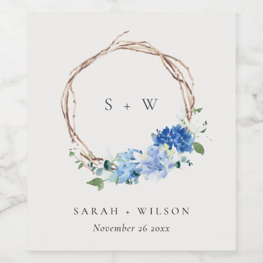 生き生きとしたブルーフローラ木製リース結婚ズモノグラム ワインラベル (シングルラベル)