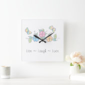 生き笑い |バタフライフローラ水色 スクエア壁時計 (ホーム)