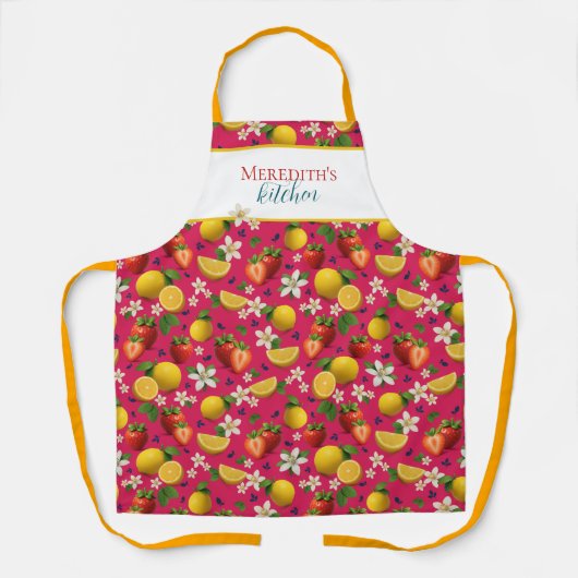 生のイチゴとレモンの柄 エプロン (正面)