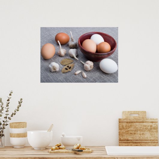 生の卵とニンニクとスパイスをキッチンに ポスター (キッチン)