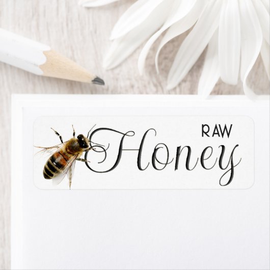 生の地元のハチミツと生サイズのミツバチが白く咲く ラベル (インサイチュ)