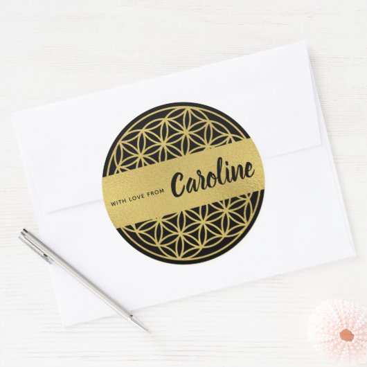 生の花ステッパーソナライズされたカー金ゴールドと黒 ラウンドシール (封筒)