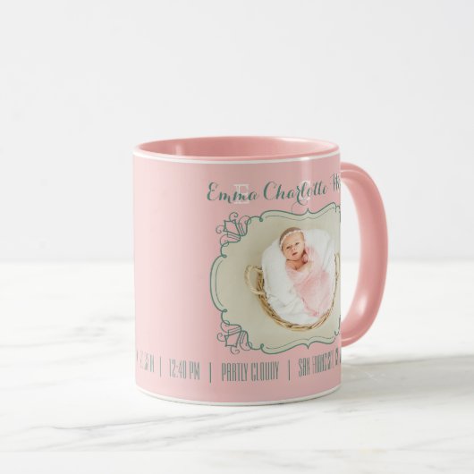 生まれたばかりのなベビーの写真のモノグラムの赤面のピンクの緑フレーム マグカップ (正面右)