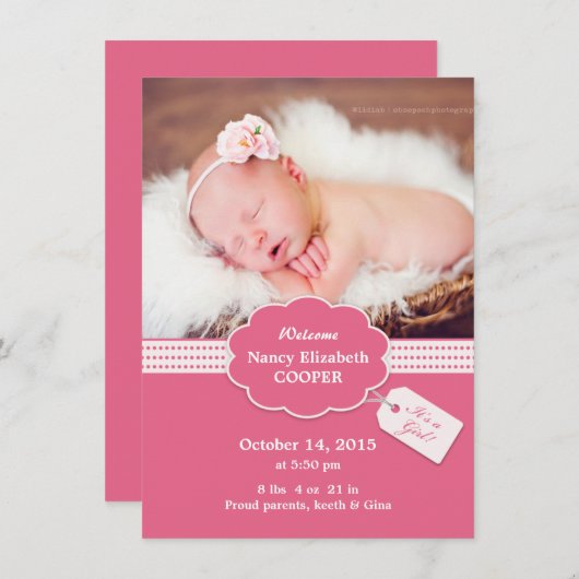 生まれたばかりのな女の赤ちゃんの発表カード 案内状 (正面/裏面)