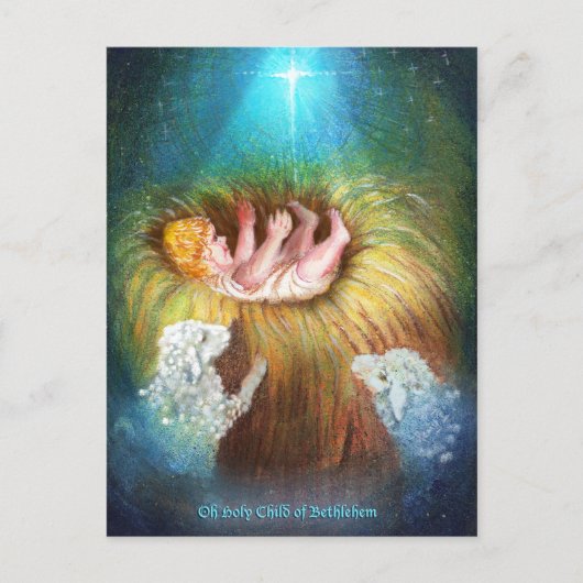 生まれたばかりのイエス・キリストが飼い葉桶にいる シーズンポストカード (正面)