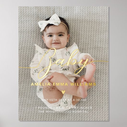 生まれたばかりのカスタム写真ベビーのスクリプトと誕生の詳細 箔ポスター (正面)