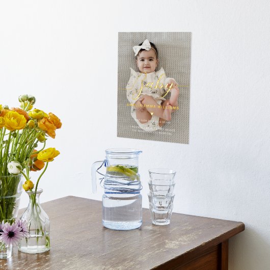 生まれたばかりのカスタム写真ベビーのスクリプトと誕生の詳細 箔ポスター (レイダウン (キッチン))