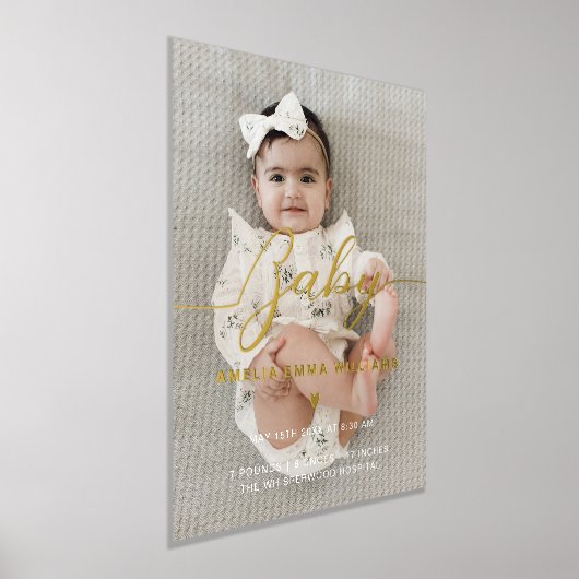 生まれたばかりのカスタム写真ベビーのスクリプトと誕生の詳細 箔ポスター (レイダウン)