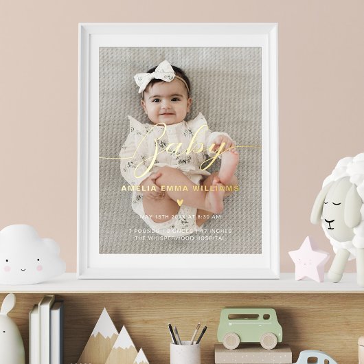 生まれたばかりのカスタム写真ベビーのスクリプトと誕生の詳細 箔ポスター