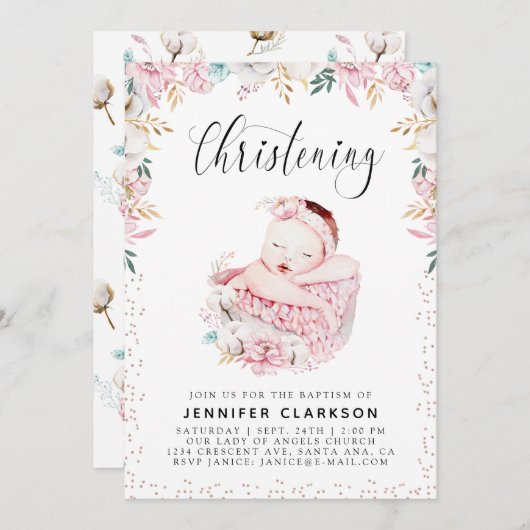 生まれたばかりのフローラ《キリスト教》洗礼式や命名式 招待状 (正面/裏面)